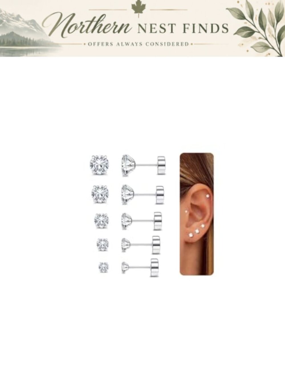 5 Pairs Cubic Zirconia Flat Back Stud Earrings 316L Stainless Steel Set